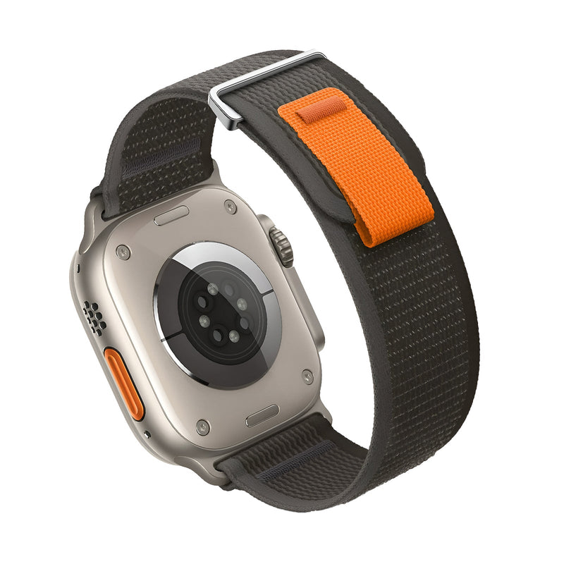 Bracelet Apple Watch en nylon noir avec fermeture velcro orange, modèle Trail Edition Elios.