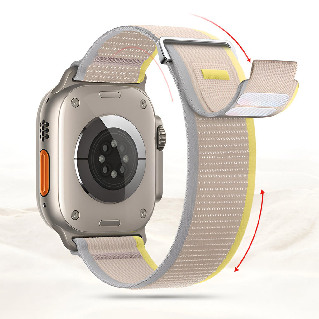 Bracelet Apple Watch en nylon beige à fermeture velcro jaune souple et ajustable, modèle Elios Trail Edition.