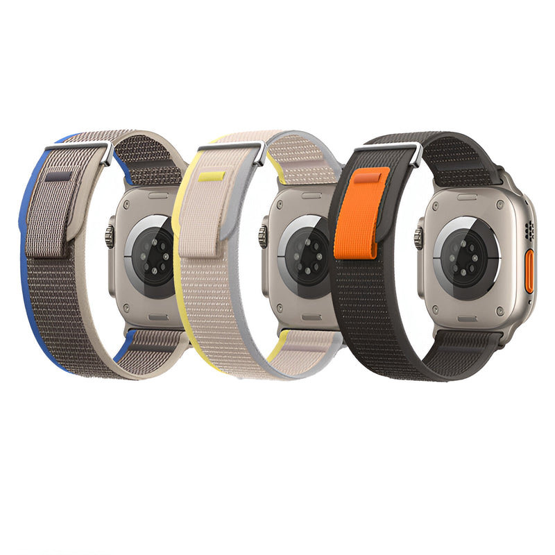Bracelets Trail Edition en nylon résistant pour Apple Watch avec fermeture velcro, styles beige à bordures colorées et noir.