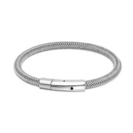 Bracelet câble en acier inoxydable argenté avec fermoir rond poli, style minimaliste.