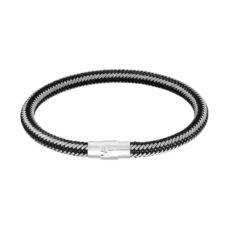 Bracelet câble noir en acier inoxydable avec fermoir argenté, design minimaliste.