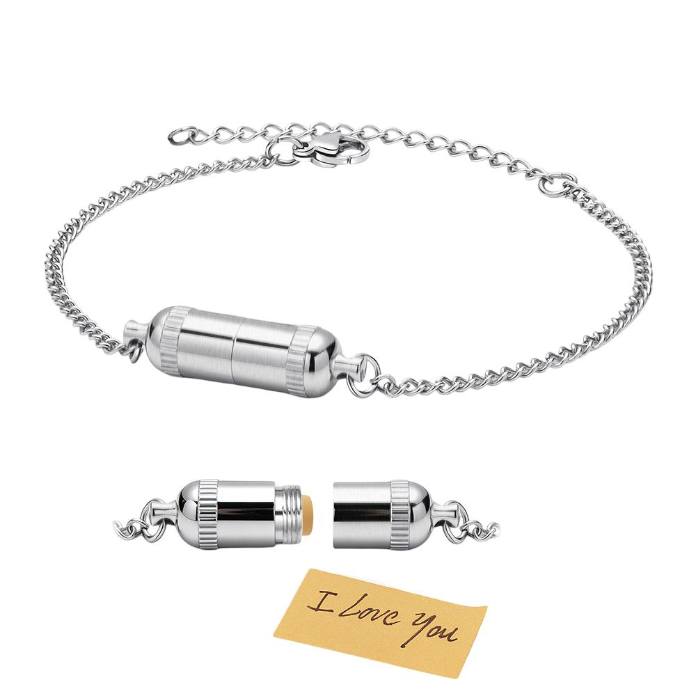 Bracciale capsula porta-messaggio in acciaio inox, catena groumette regolabile, modello Emotia