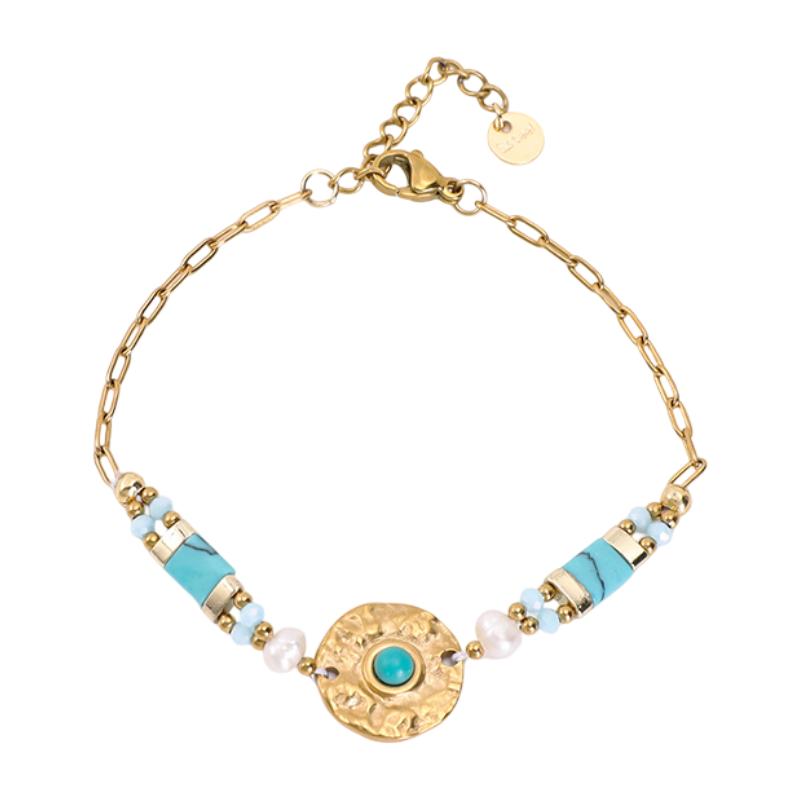 Bracelet chaîne acier inoxydable, médaillon martelé, pierres naturelles, perles délicates, bijou doré ajustable, modèle Anije