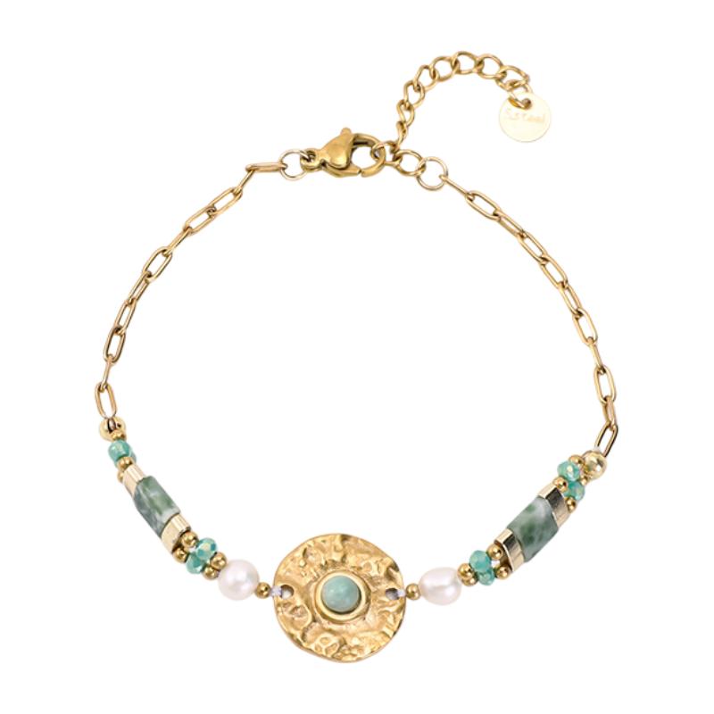 Bracelet chaîne acier inoxydable, médaillon martelé, pierres naturelles, perles délicates, bijou doré ajustable, modèle Anije