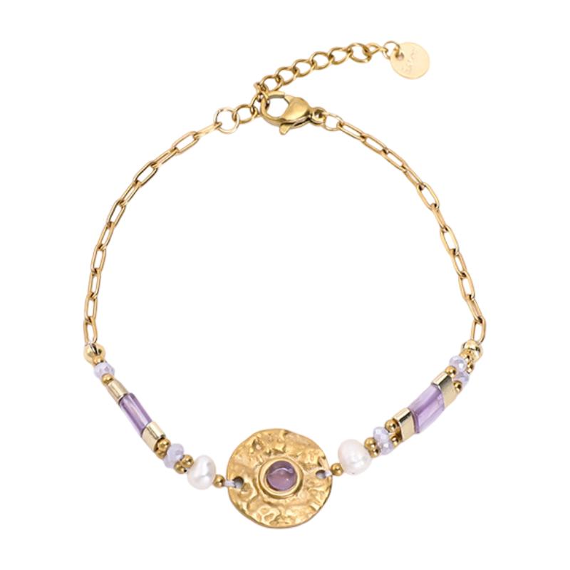 Bracelet chaîne acier inoxydable, médaillon martelé, pierres naturelles, perles délicates, bijou doré ajustable, modèle Anije