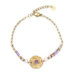 Bracelet chaîne acier inoxydable, médaillon martelé, pierres naturelles, perles délicates, bijou doré ajustable, modèle Anije