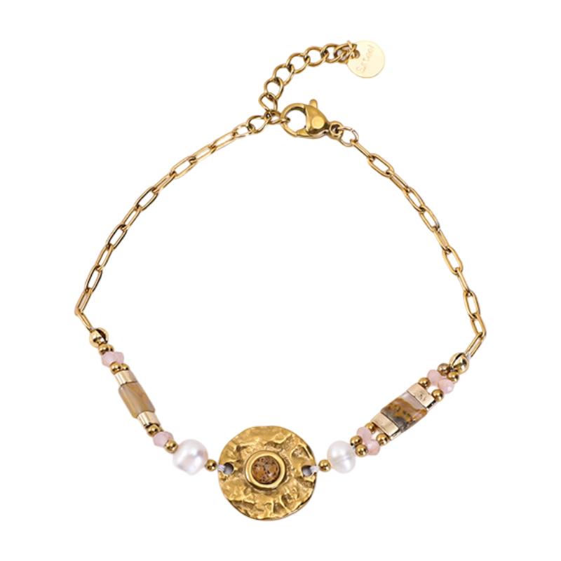 Bracelet chaîne acier inoxydable, médaillon martelé, pierres naturelles, perles délicates, bijou doré ajustable, modèle Anije