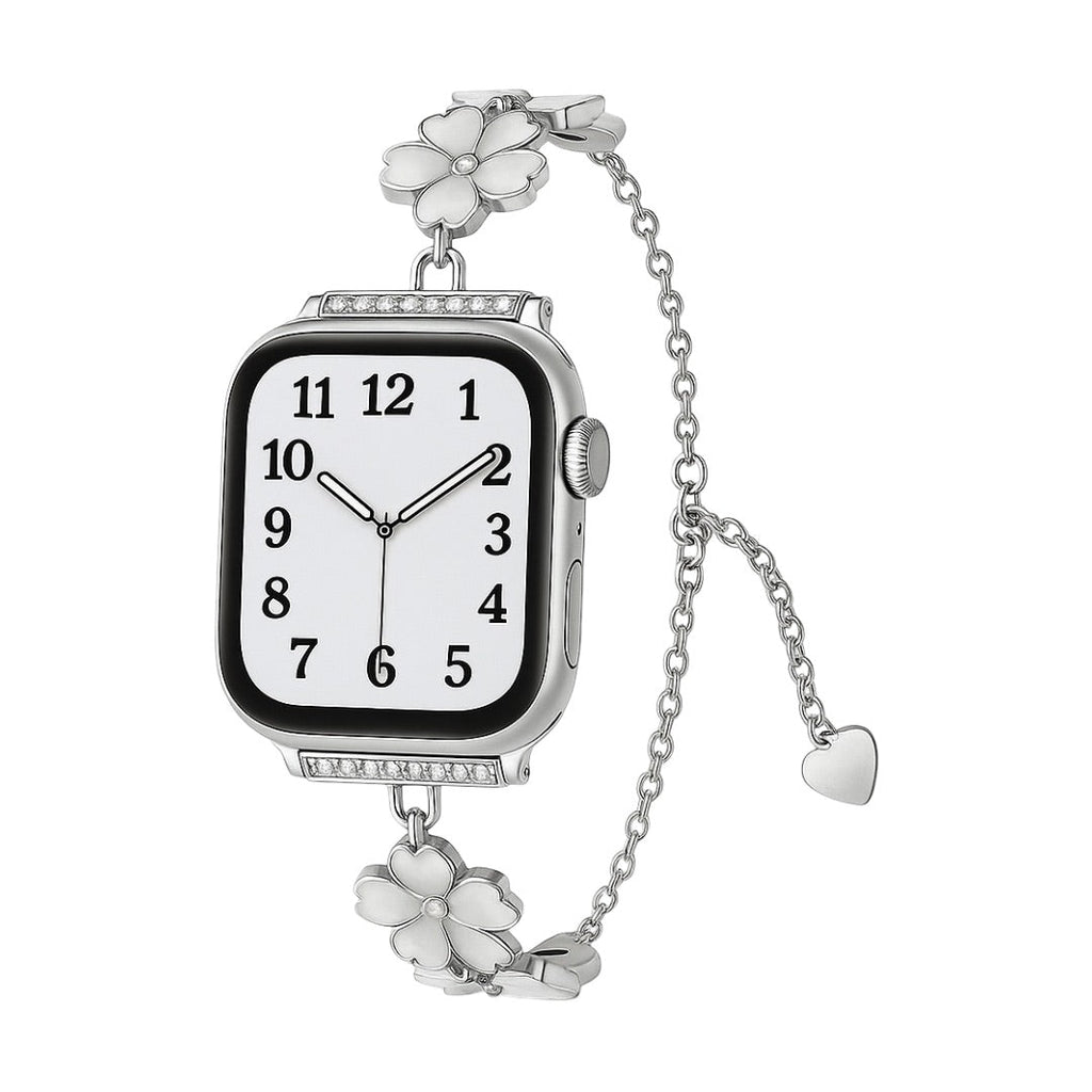 Bracelet chaîne métallique argenté pour Apple Watch, ornée de fleurs de cerisier délicates, design floral féminin.