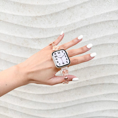 Bracelet chaîne métallique rose doré à motifs fleur de cerisier, élégant, pour Apple Watch.