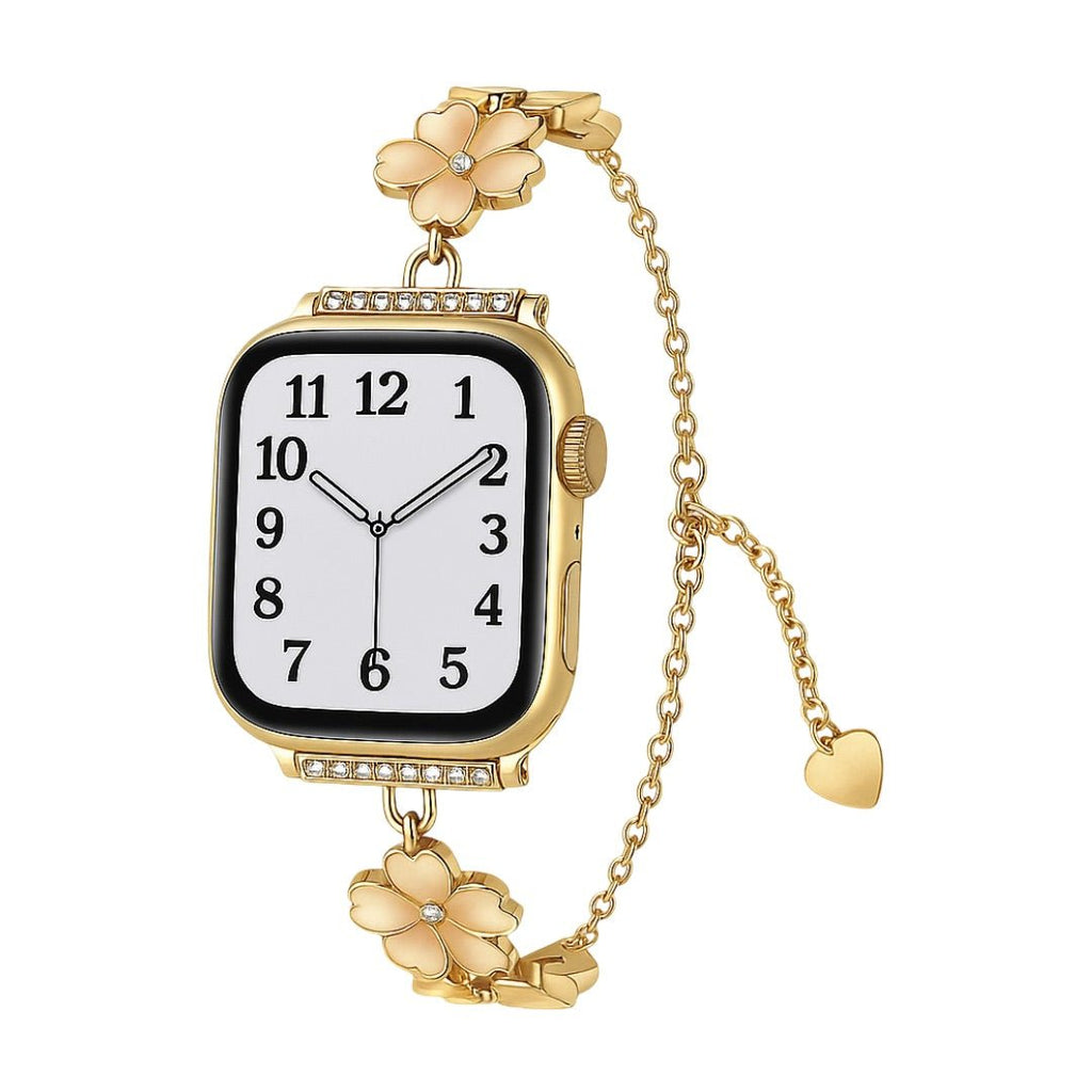 Bracelet chaîne or rose avec fleurs de cerisier en métal et pierres brillantes pour Apple Watch.