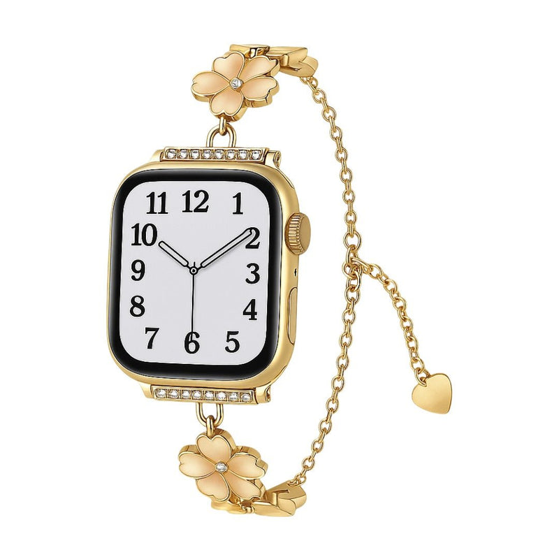 Bracelet chaîne or rose avec fleurs de cerisier en métal et pierres brillantes pour Apple Watch.