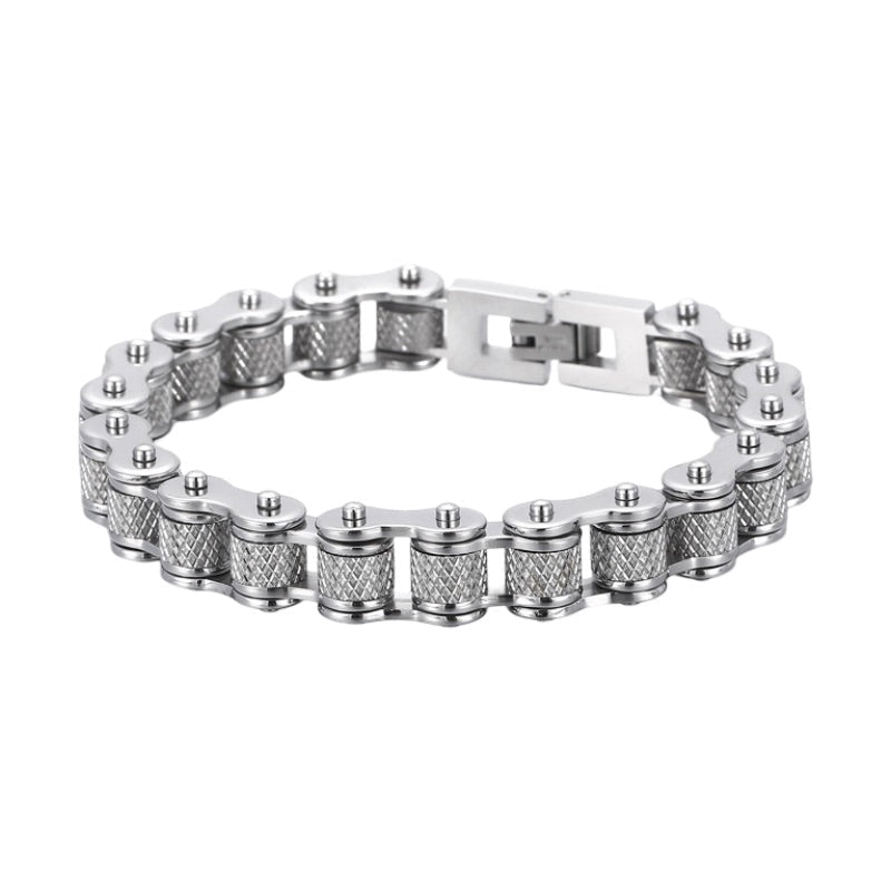 Motorcycle Chain Bracelet in Stainless Steel, Knurled Articulated Links, Black Finish, Aubin Model