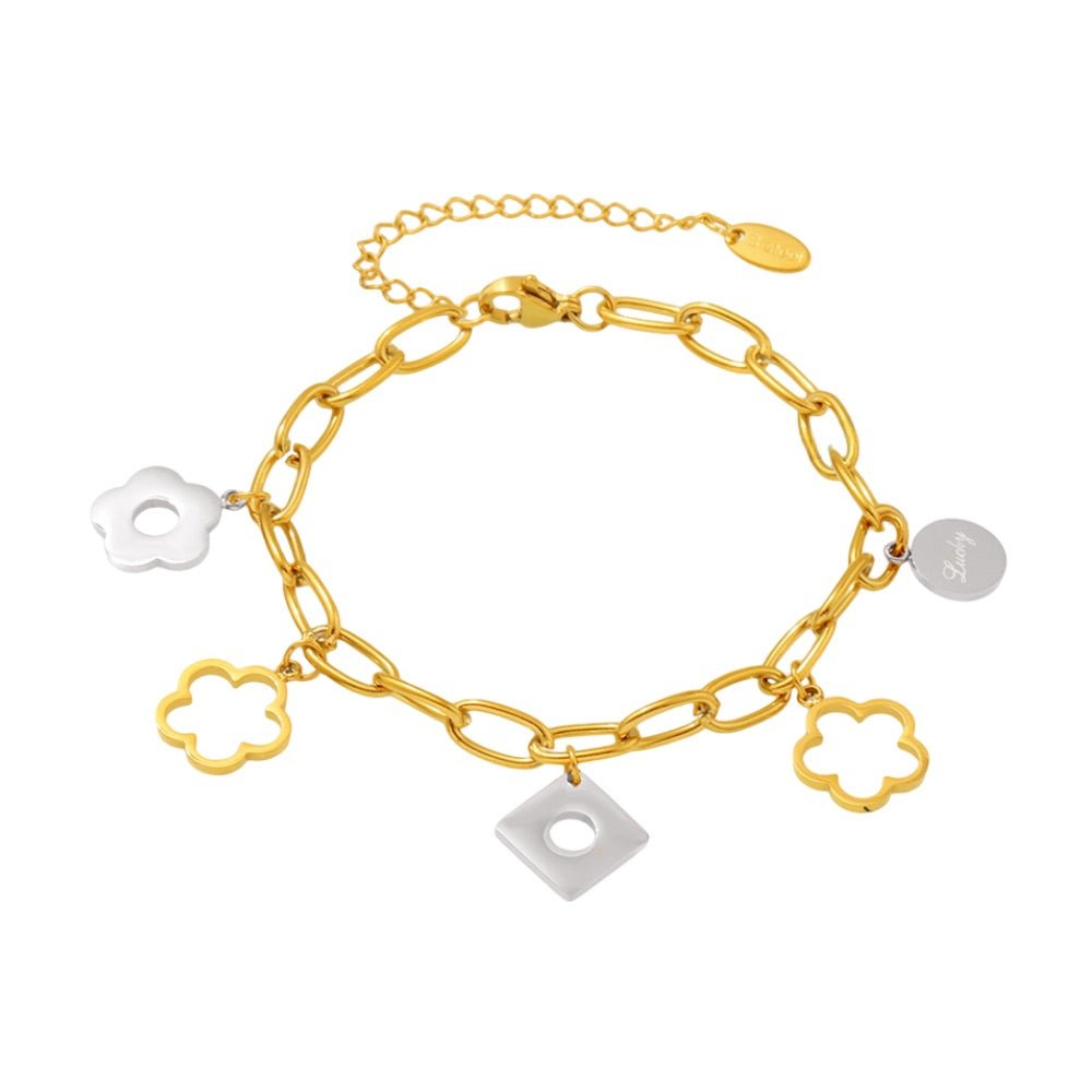 Bracelet chaîne, pendentifs fleurs, doré, en acier inoxydable, pour femme, modèle Elinia - La Boutique du Bracelet