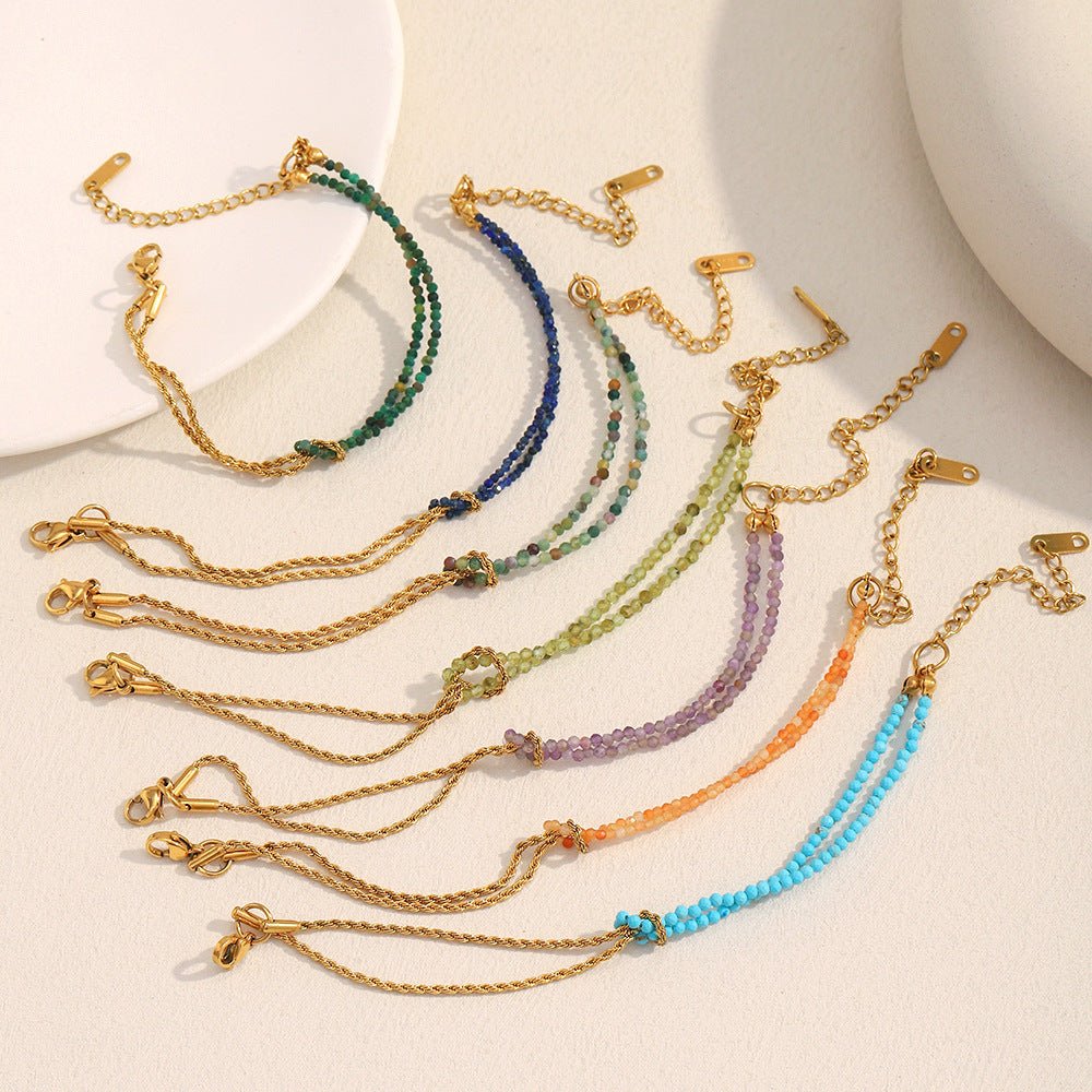 Bracelets chaînes torsadées dorées avec perles colorées naturelles bleu, orange, violet, vert, bleu marine, turquoise et.