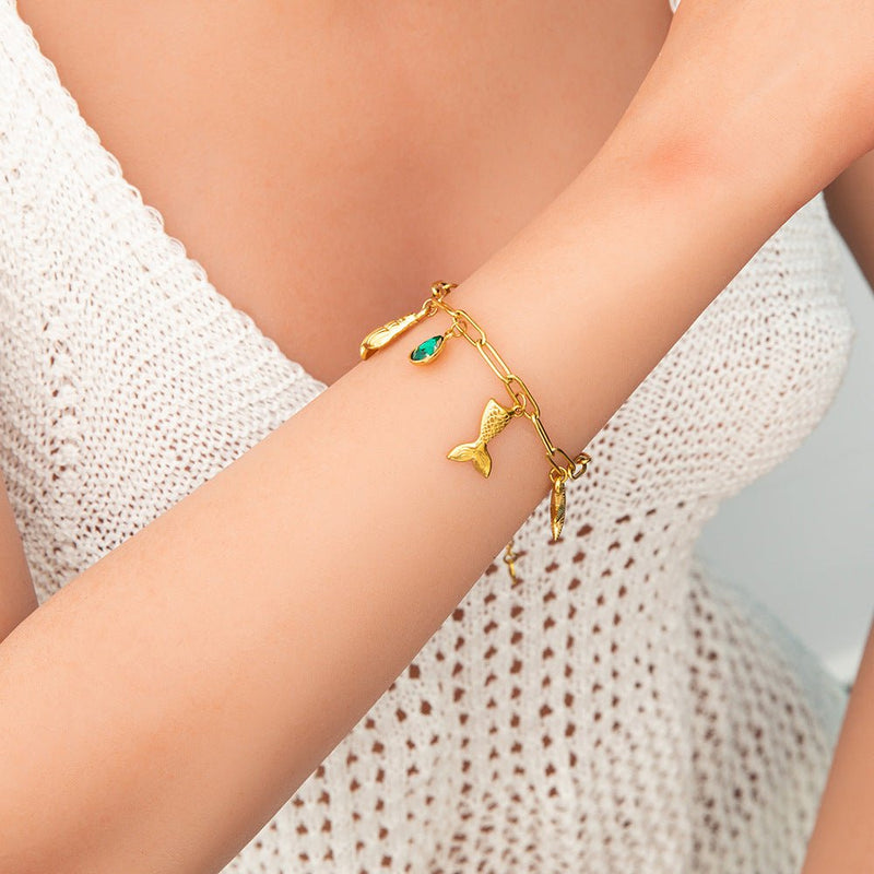 Bracelet charms de la mer, en acier inoxydable, zircon vert, pour femme, modèle Pattie