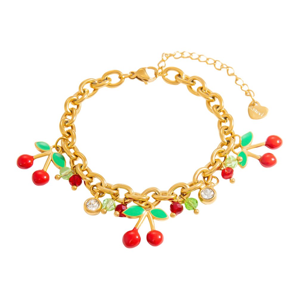 Bracelet charms, en acier inoxydable, cerises et zircons, pour femme, modèle Céria - La Boutique du Bracelet