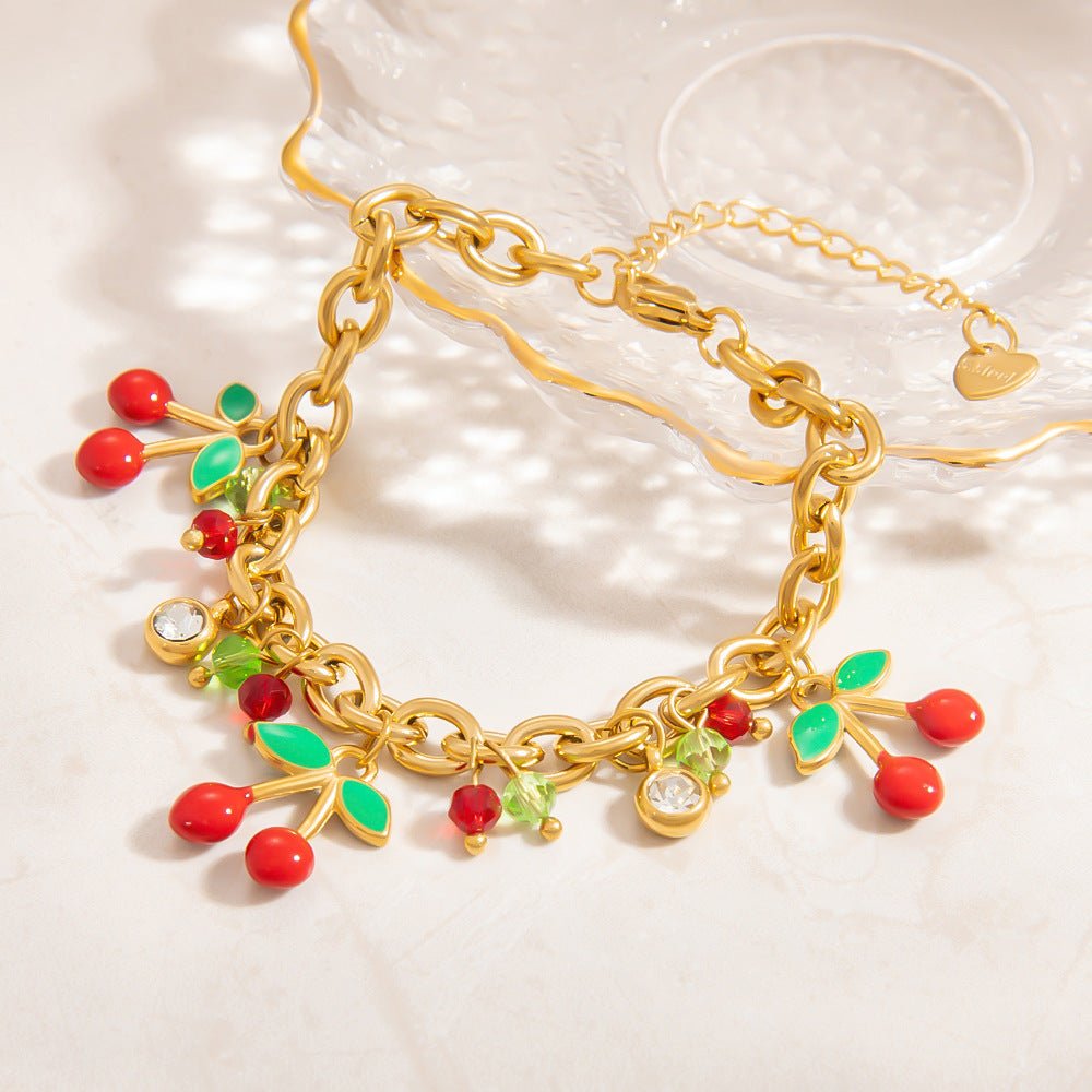 Bracelet charms, en acier inoxydable, cerises et zircons, pour femme, modèle Céria - La Boutique du Bracelet
