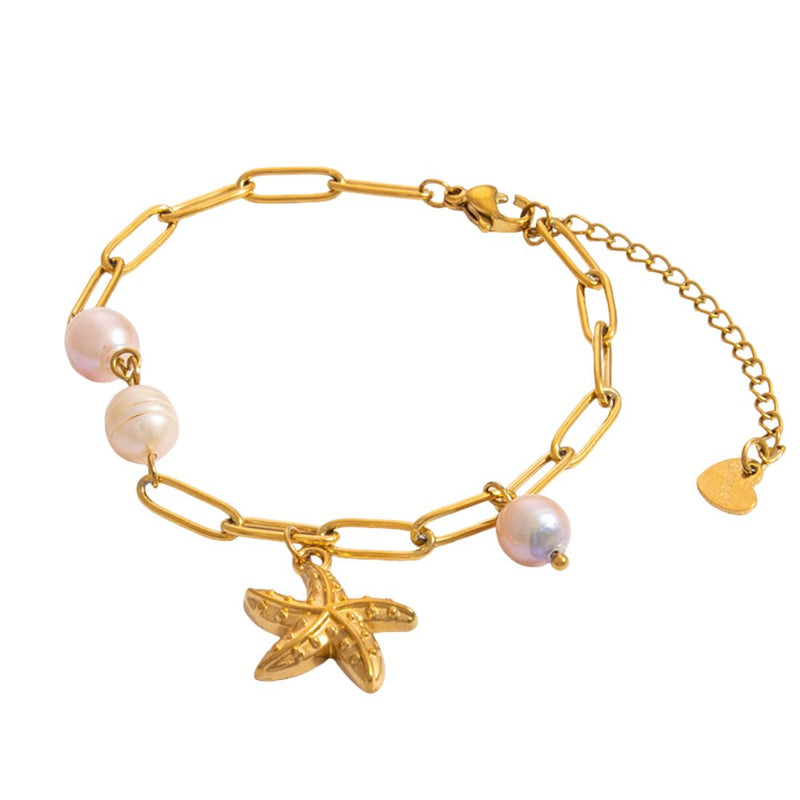 Bracelet charms, en acier inoxydable, étoile de mer et perles d'eau douce, pour femme, modèle Beyla - La Boutique du Bracelet