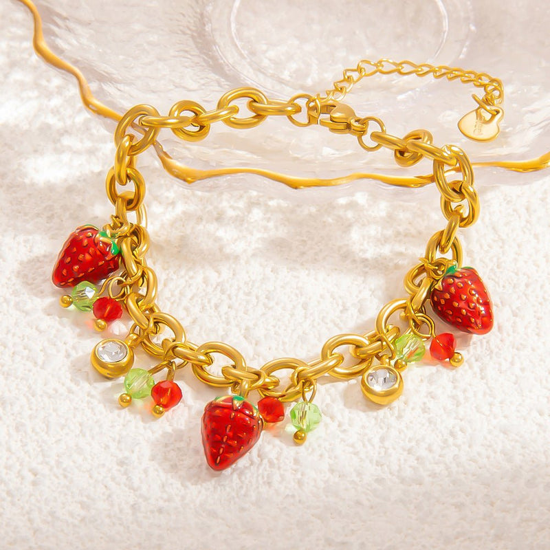 Bracelet charms, en acier inoxydable, fraises et zircons, pour femme, modèle Charla - La Boutique du Bracelet