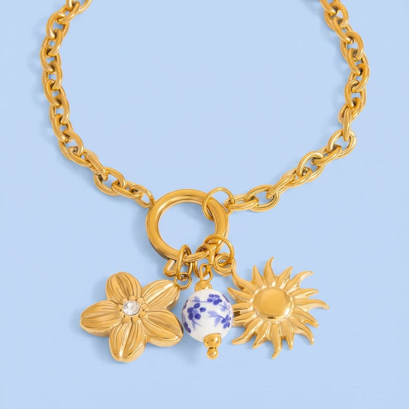 Βραχιόλι floral charms, από ανοξείδωτο ατσάλι, λουλούδι και ήλιος, για γυναίκα, μοντέλο Inime