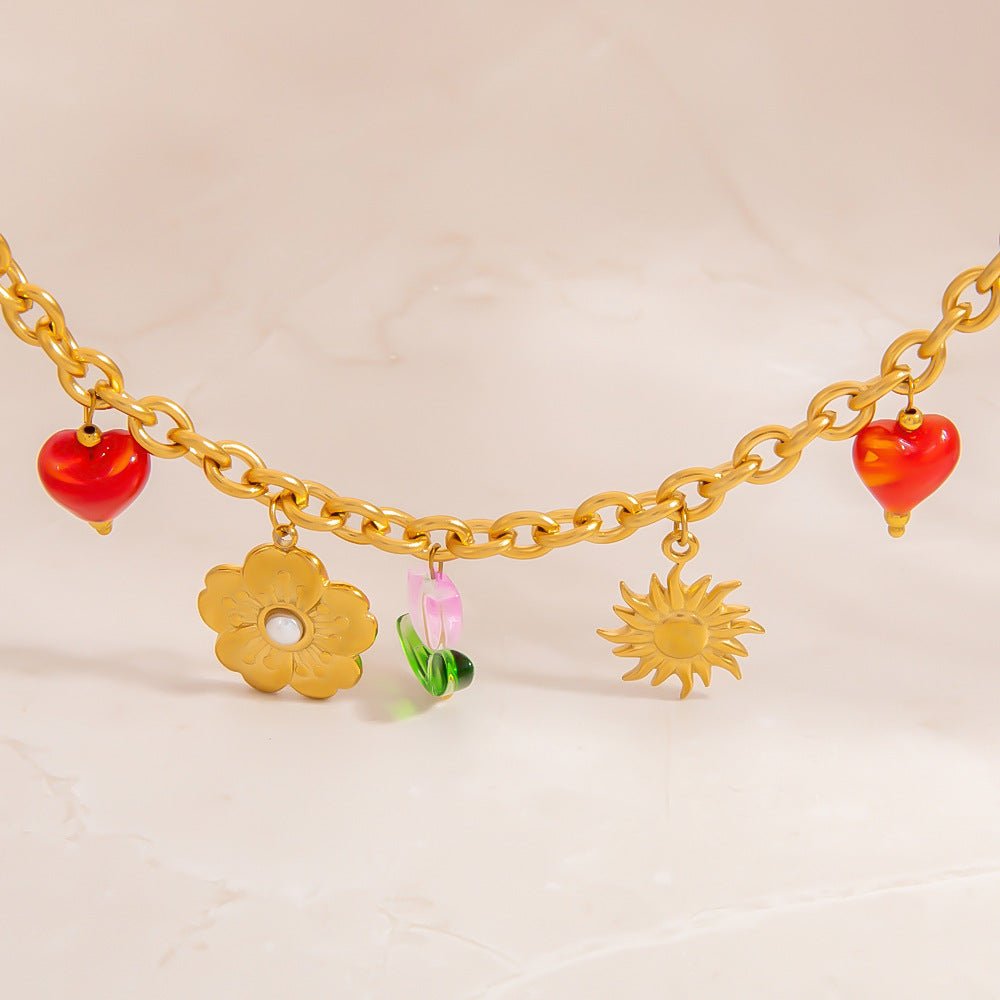 Bracelet charms florals, en acier inoxydable, fleurs et cœurs, pour femme, modèle Linate - La Boutique du Bracelet