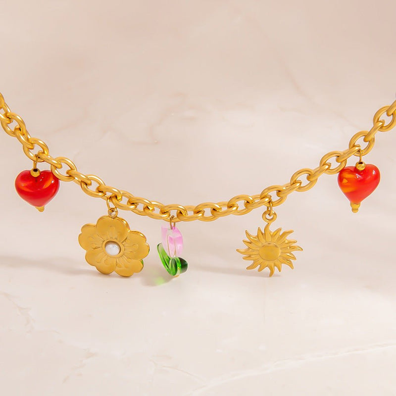 Bracelet charms florals, en acier inoxydable, fleurs et cœurs, pour femme, modèle Linate - La Boutique du Bracelet