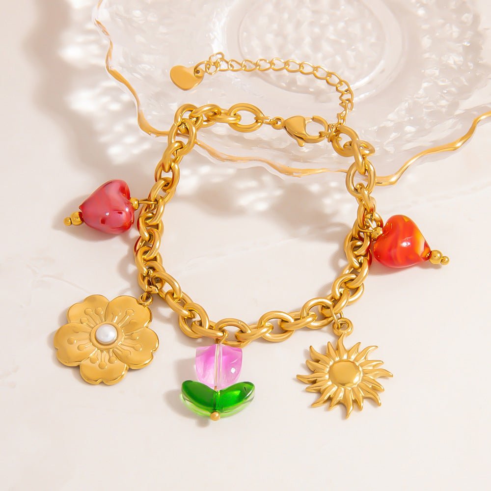 Bracelet charms florals, en acier inoxydable, fleurs et cœurs, pour femme, modèle Linate - La Boutique du Bracelet
