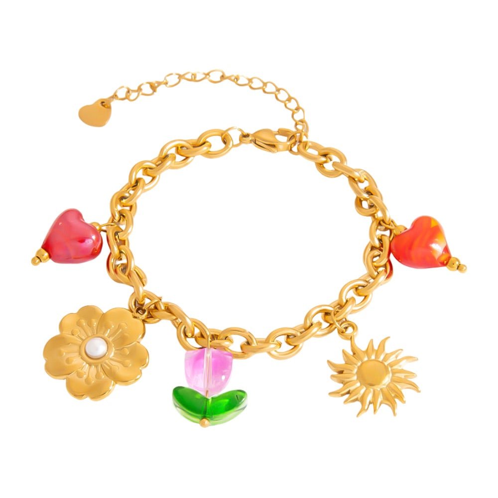 Bracelet charms florals, en acier inoxydable, fleurs et cœurs, pour femme, modèle Linate - La Boutique du Bracelet