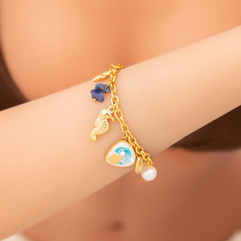 Bracelet charms marins, en acier inoxydable, perles et coquillages, pour femme, modèle Uru