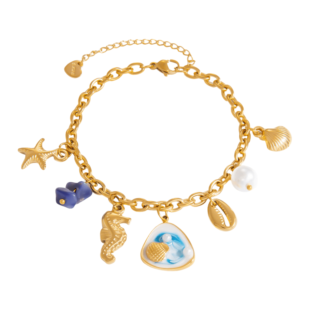 Bracelet charms marins, en acier inoxydable, perles et coquillages, pour femme, modèle Uru - La Boutique du Bracelet