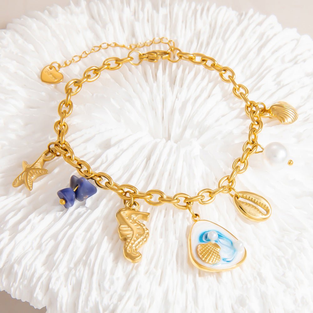 Bracelet charms marins, en acier inoxydable, perles et coquillages, pour femme, modèle Uru - La Boutique du Bracelet