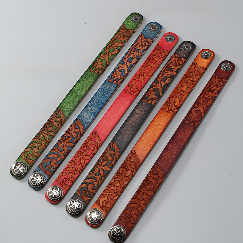 Bracelets en cuir pour homme avec motif floral, couleurs bleu, vert, rouge, noir, cognac et marron, boutons-pression.