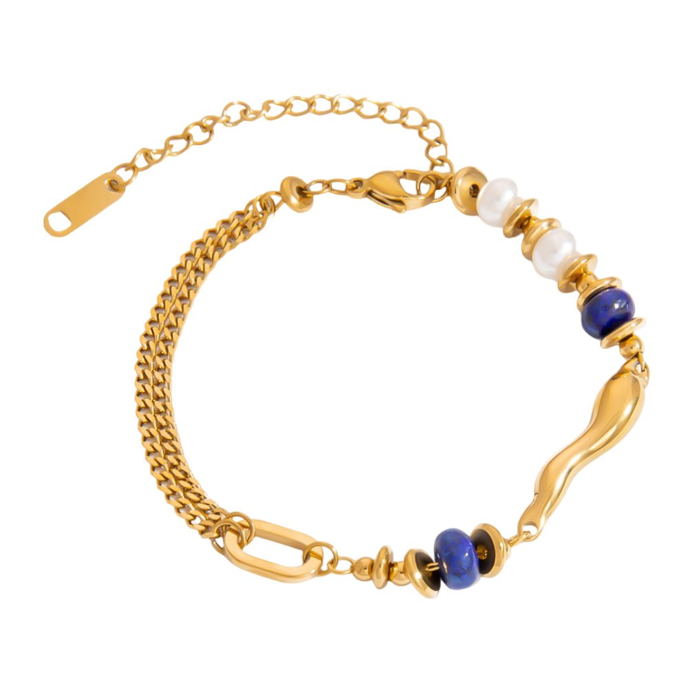 Bracelet en perles gris/bleu, bracelet femme gourmette pierres naturelles magiques et perles heishi plaqué or 24 k - Un grand marché