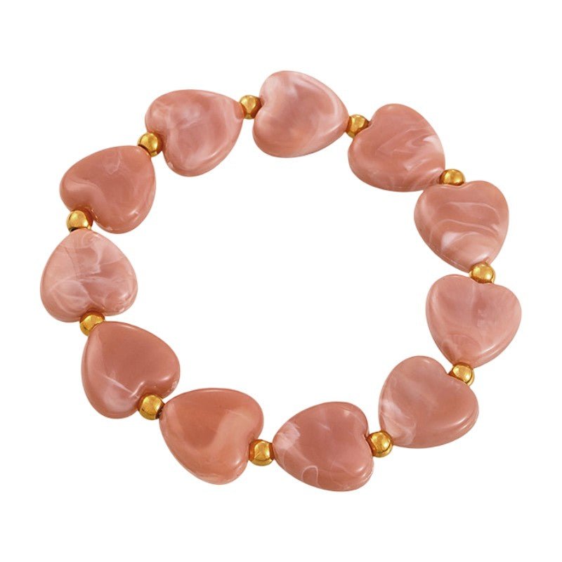 Shiny Resin Heart Bracelet, Elastic Beaded Bracelet with Decorative Gold Beads, Romantic and Radiant Jewelry, Aroba Model