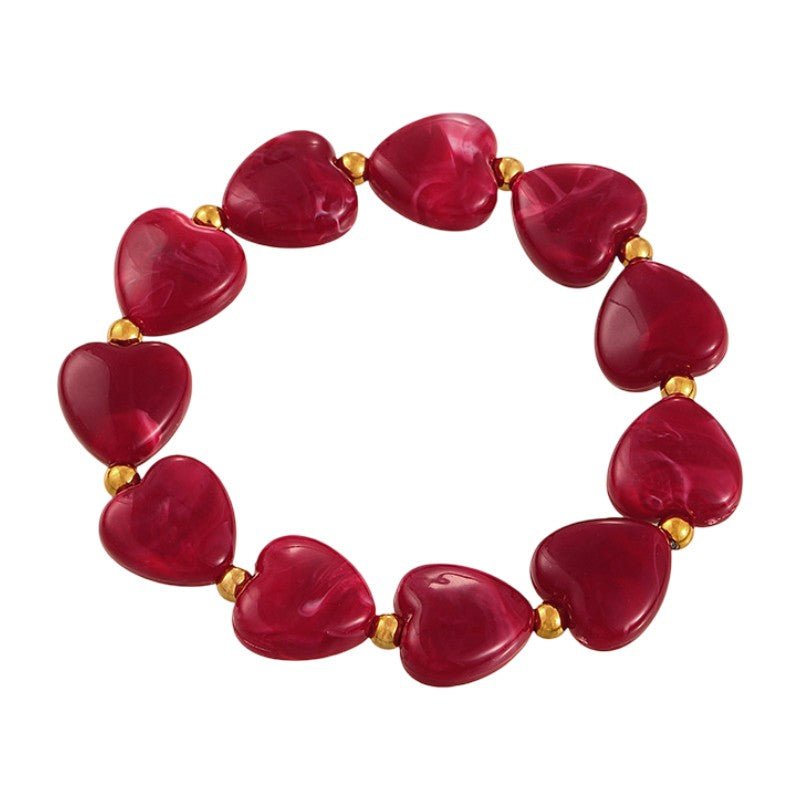 Shiny Resin Heart Bracelet, Elastic Beaded Bracelet with Decorative Gold Beads, Romantic and Radiant Jewelry, Aroba Model