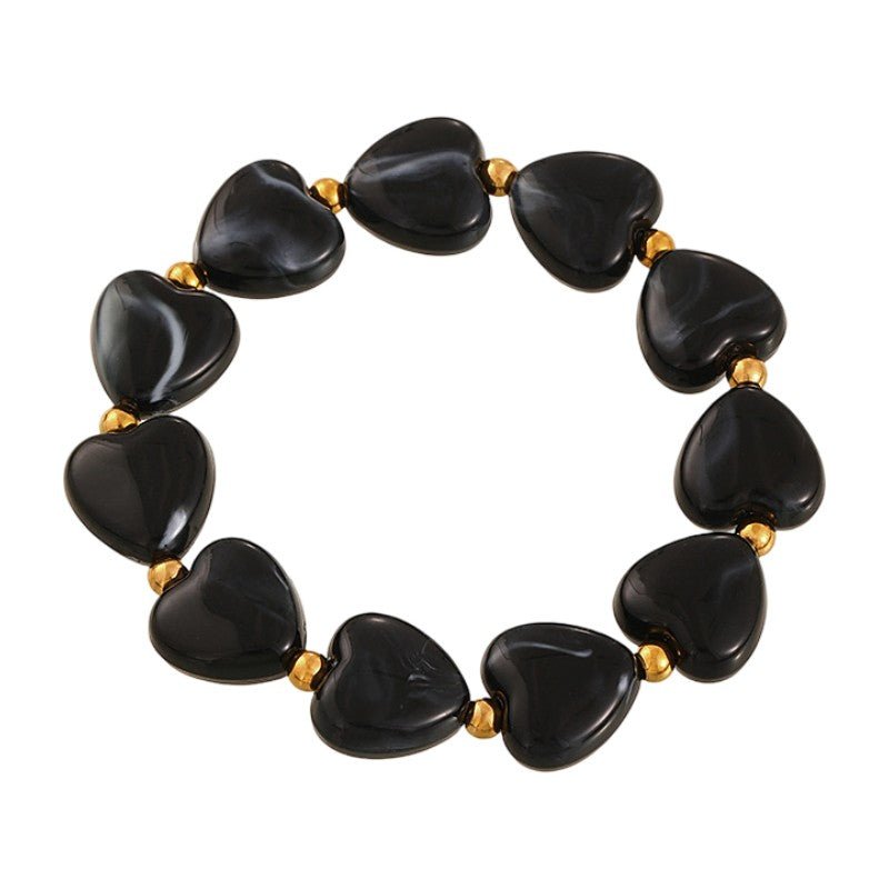 Shiny Resin Heart Bracelet, Elastic Beaded Bracelet with Decorative Gold Beads, Romantic and Radiant Jewelry, Aroba Model