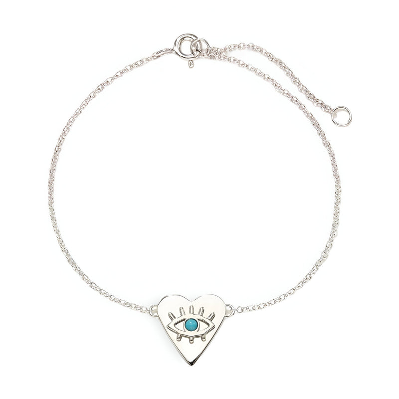 Bracelet en argent sterling avec pendentif cœur orné d'un œil turquoise central.