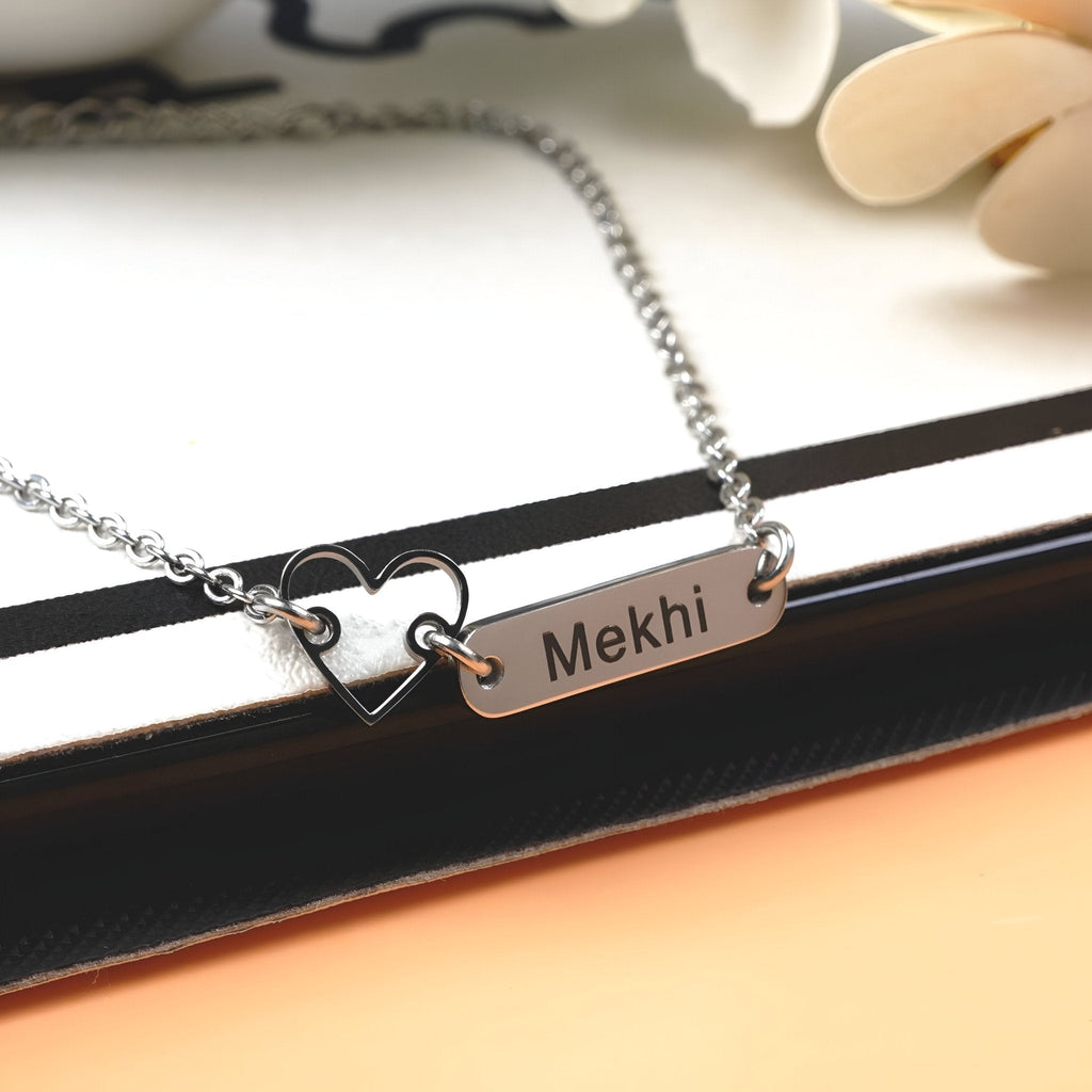 Bracelet argent en acier inoxydable avec pendentif cœur et plaque gravée Mekhi.