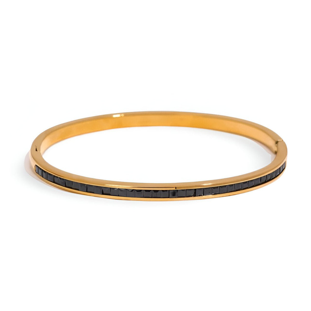 Bracelet fin plaqué or en acier inoxydable avec détails noirs incrustés, modèle Vynette.