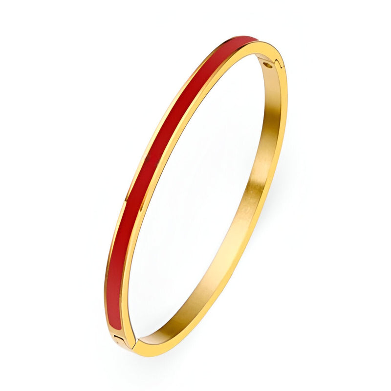 Bracelet jonc fin plaqué or avec émail rouge brillant pour femme, modèle Bryella.