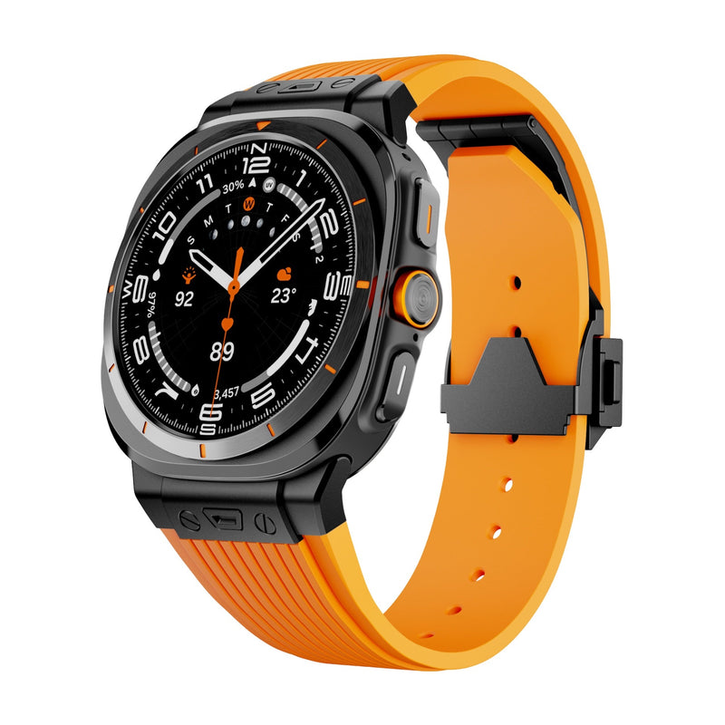 Bracelet silicone orange avec fermoir noir pour montre Samsung Galaxy Watch Ultra modèle Touko.