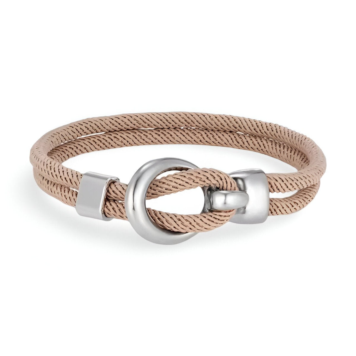 Bracelet cordon beige à double tour avec crochet en acier inoxydable lisse et brillant.