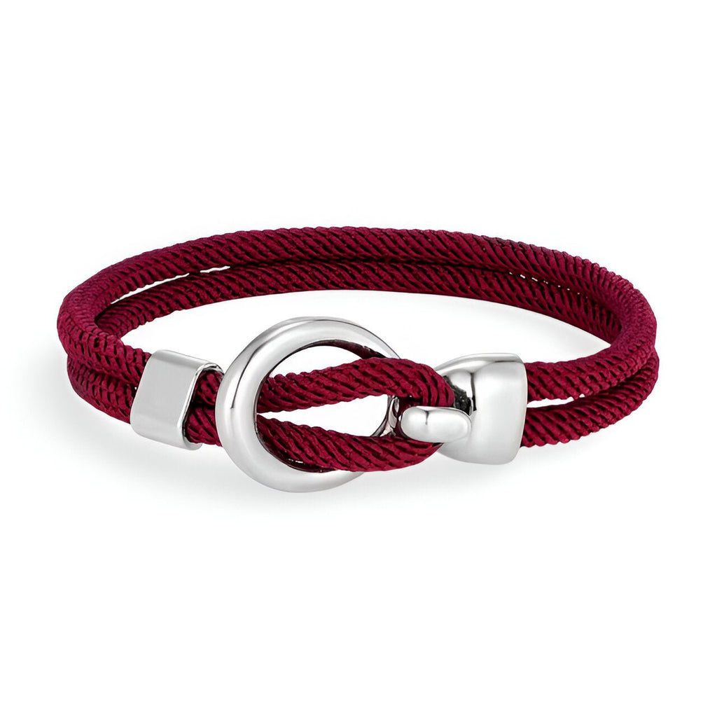 Bracelet cordon bordeaux avec crochet rond en acier inoxydable poli.
