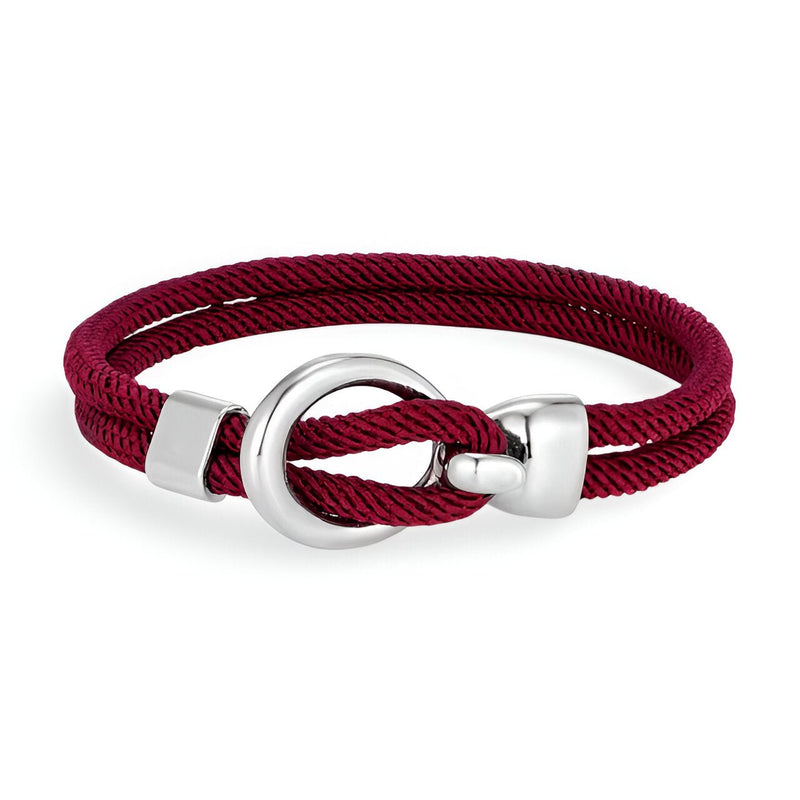 Bracelet cordon bordeaux avec crochet rond en acier inoxydable poli.