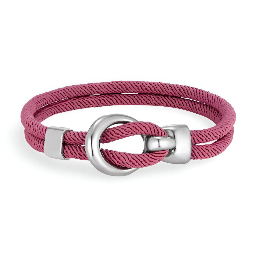Bracelet cordon rose avec crochet en acier inoxydable finition argentée, style Pedro.
