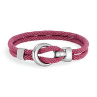 Bracelet cordon rose avec crochet en acier inoxydable finition argentée, style Pedro.