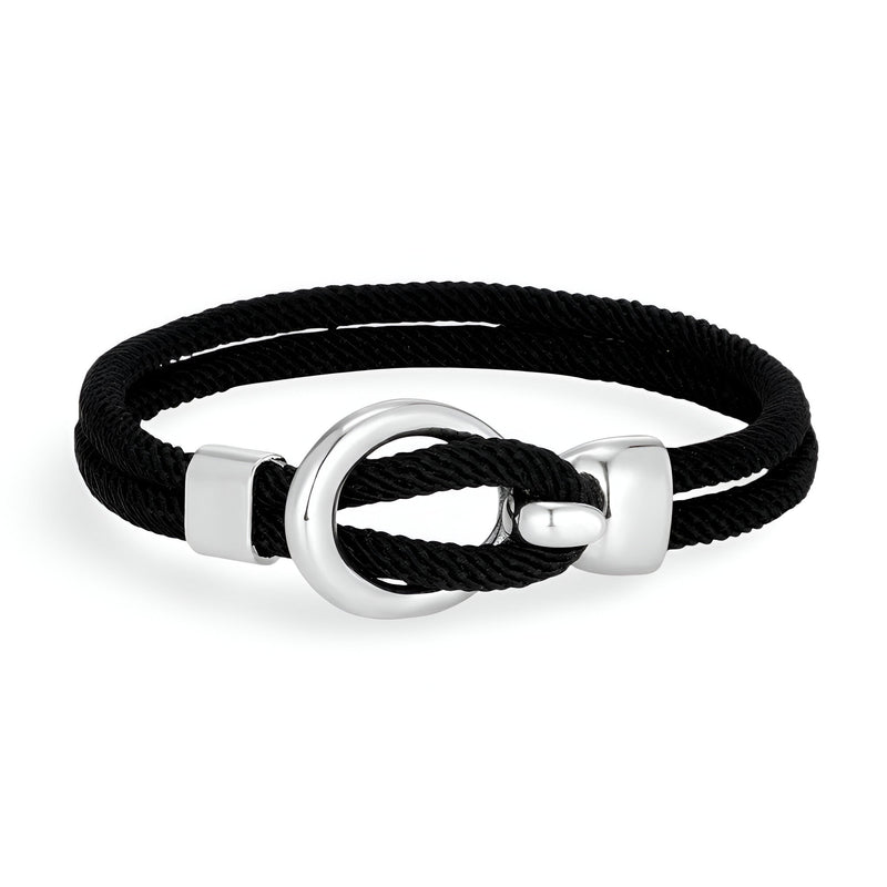Bracelet cordon noir avec crochet rond en acier inoxydable brillant, design minimaliste.