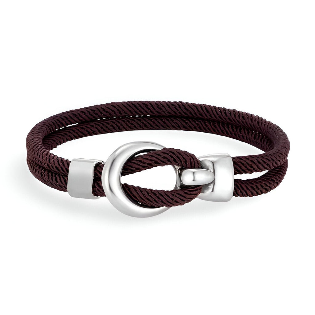 Bracelet cordon bordeaux avec crochet arrondi en acier inoxydable brillant, style Pedro.