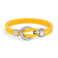 Bracelet cordon jaune vibrant à double tour avec crochet en acier inoxydable brossé.