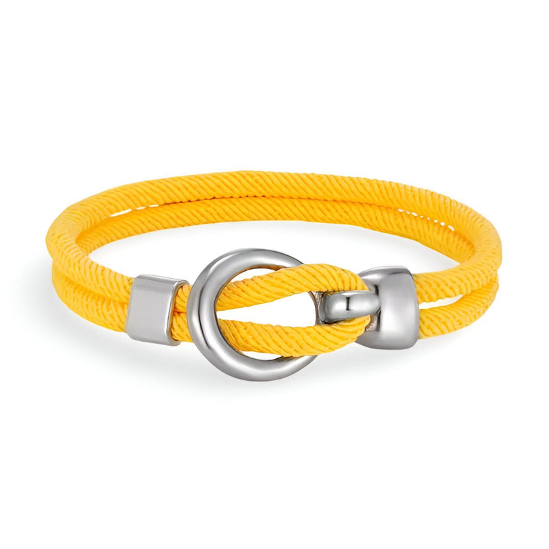 Bracelet cordon jaune vibrant à double tour avec crochet en acier inoxydable brossé.